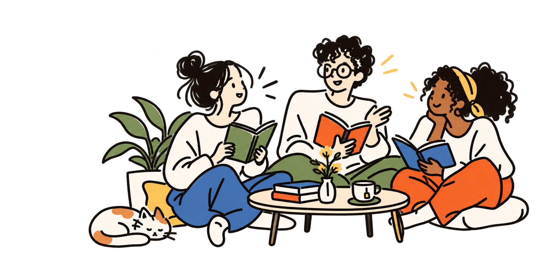 Three readers sharing books and conversation around a table
